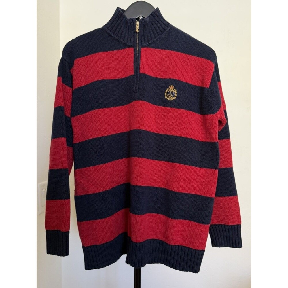 Vintage Ralph Lauren Collegiate Sweater Cotton Striped Crest Logo M Old Money